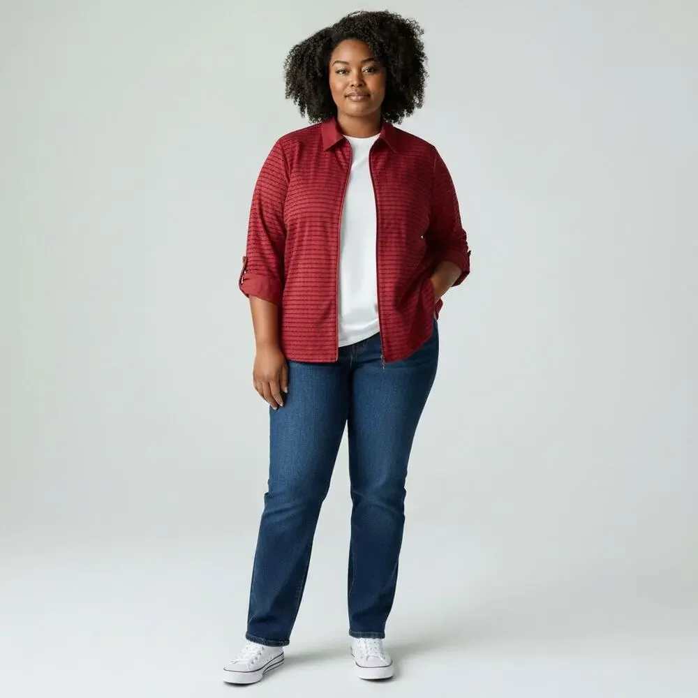 Notations Red Sheer Textured Zip Jacket Top 1X Officecore
